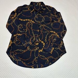 Tahari Navy and Gold Chain Pattern Shirt Sz M